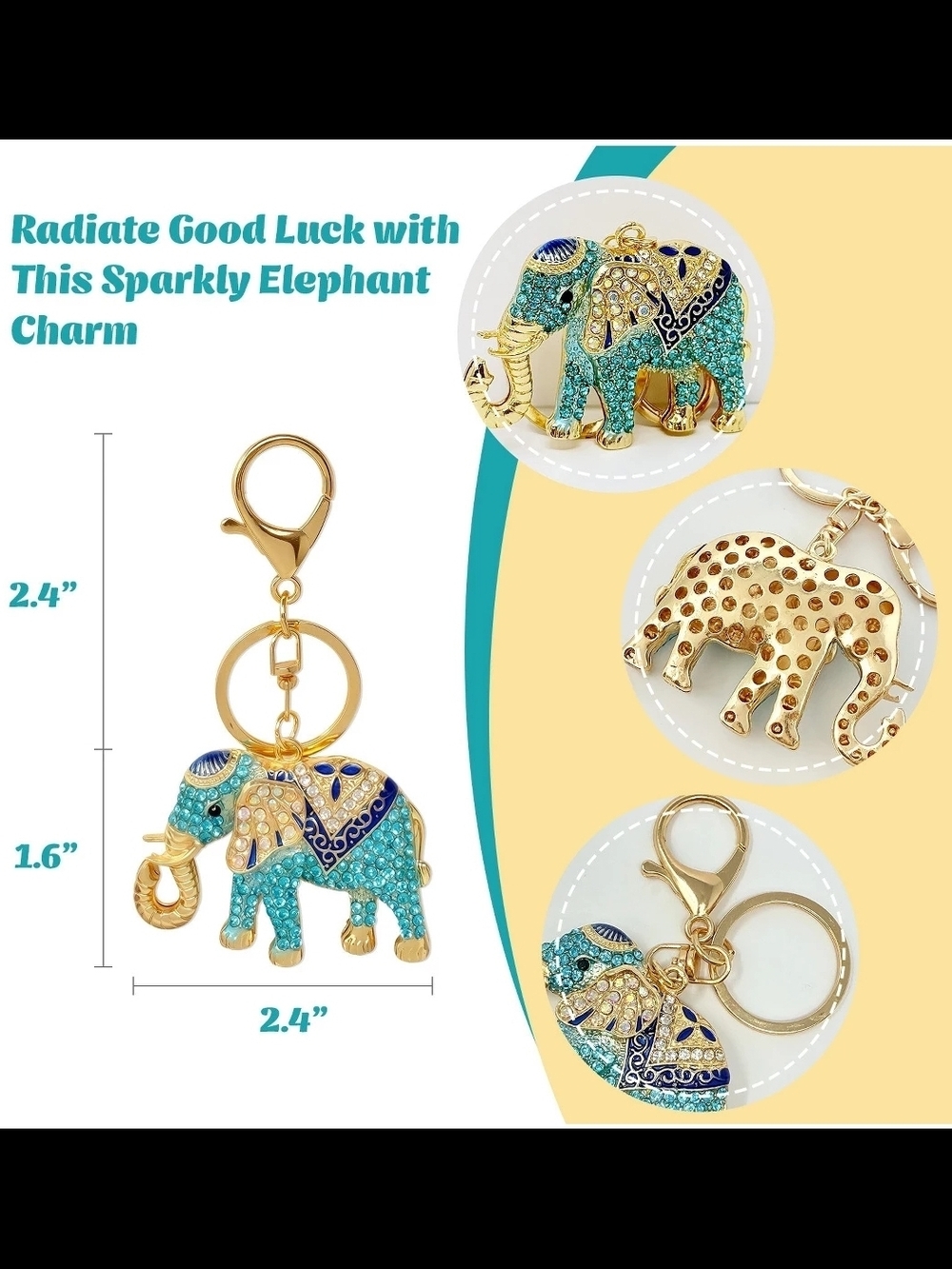 Gold-Tone Blue Crystal Elephant Keychain Charm - Picture 3 of 7